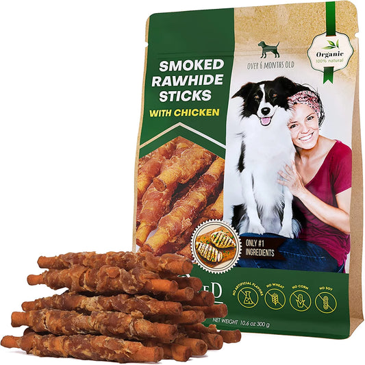 Dog Smoked Rawhide Sticks Wrapped Chicken & Pet Natural Chew Treats - Grain Free Organic Meat & Healthy Human Grade Dried Snacks in Bulk - Best Twists for Training Small & Large Dogs - Made for USA